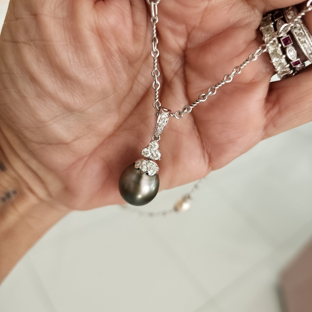 18kt White Gold ,genuine Diamonds, Black South Sea Pearl Enhancer Pendant Only